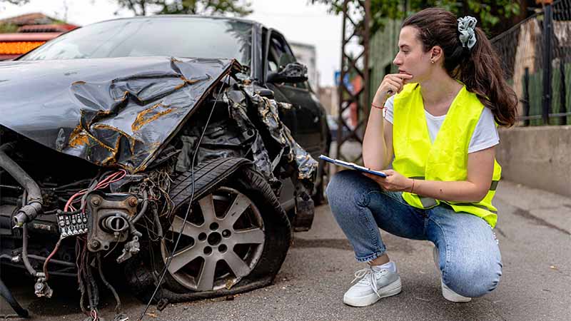 Mulher com colete fluorescente a obervar danos de acidente automóvel